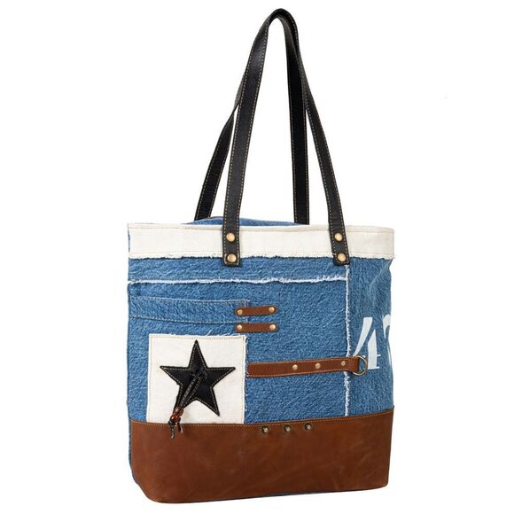 Myra Bag Handmade Country Tote Bag Upcycled Canvas & Cowhide Leather - Picture 3 of 9